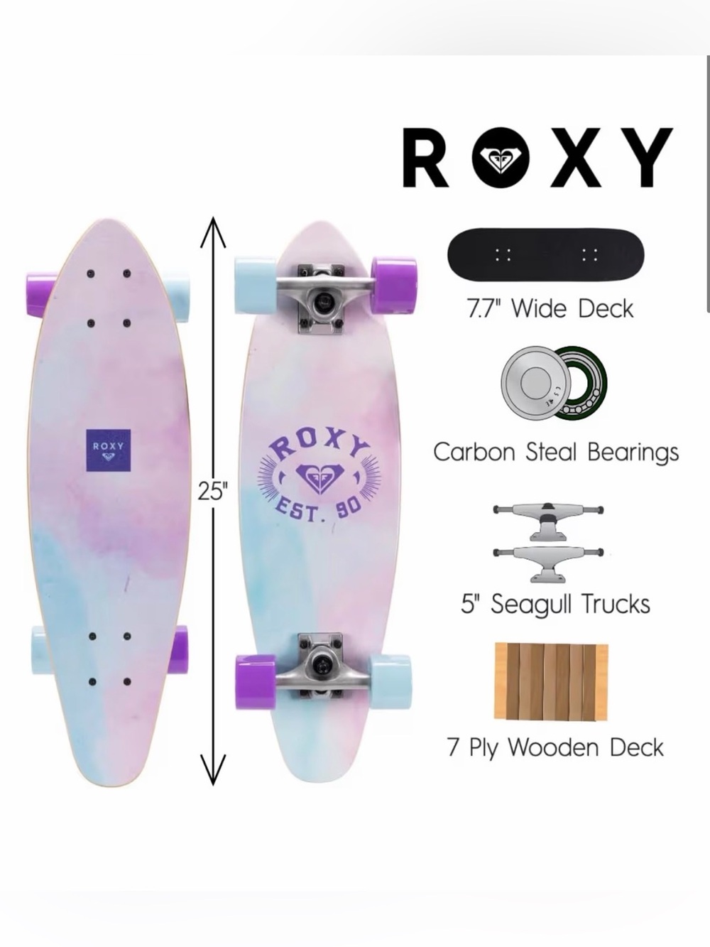 ROXY 25" High Density Wood Deck Soft Wheels Mini Pintail Cruiser Skateboard